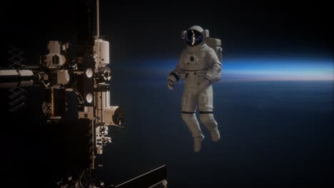 Internationale-Raumstation-Und-Astronaut-Im-Weltraum-über-Dem-Planeten-Erde